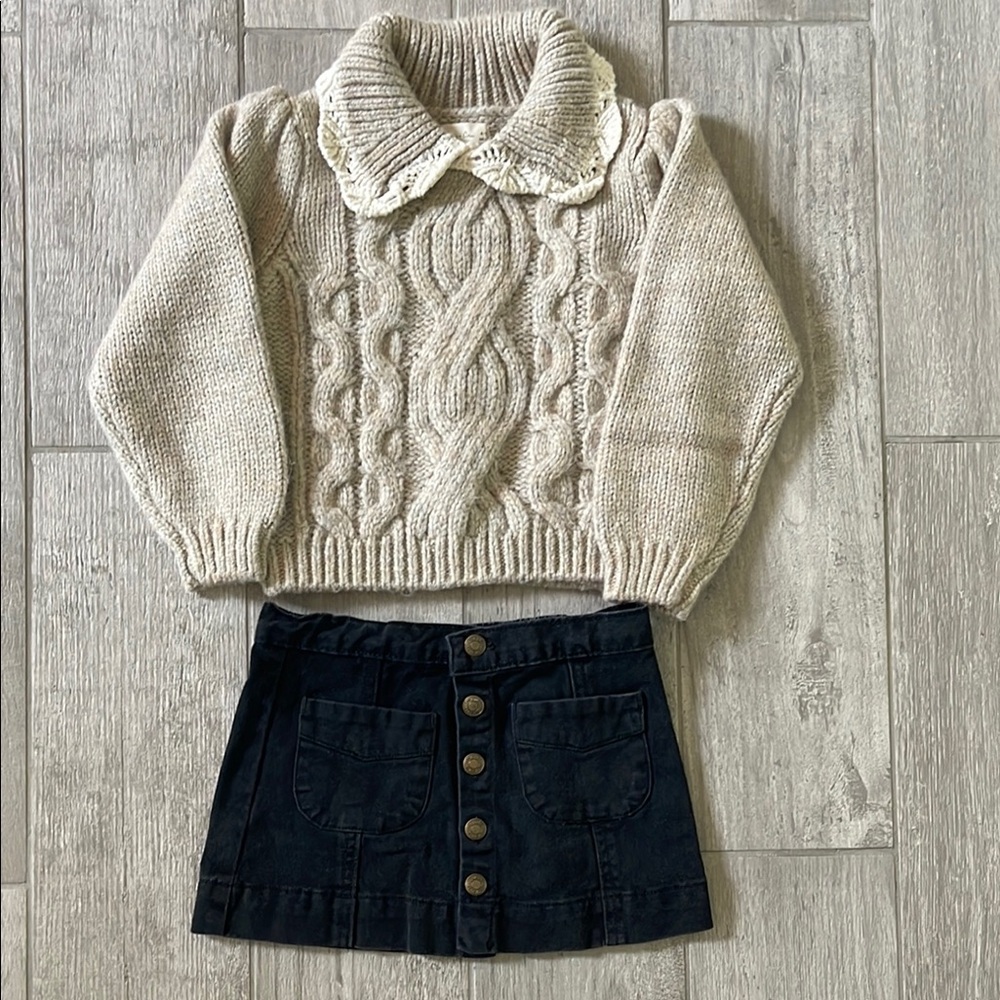 Rylee + Cru Cozy Cable Knit Sweater and Denim Skirt Set, Size 4-5 Y